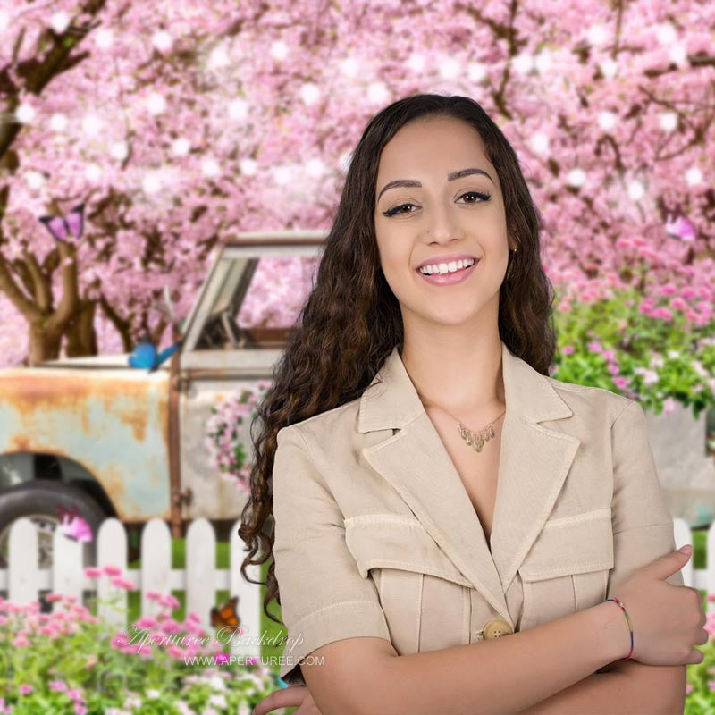 Aperturee - Light Pink Floral White Truck Fence Spring Backdrop