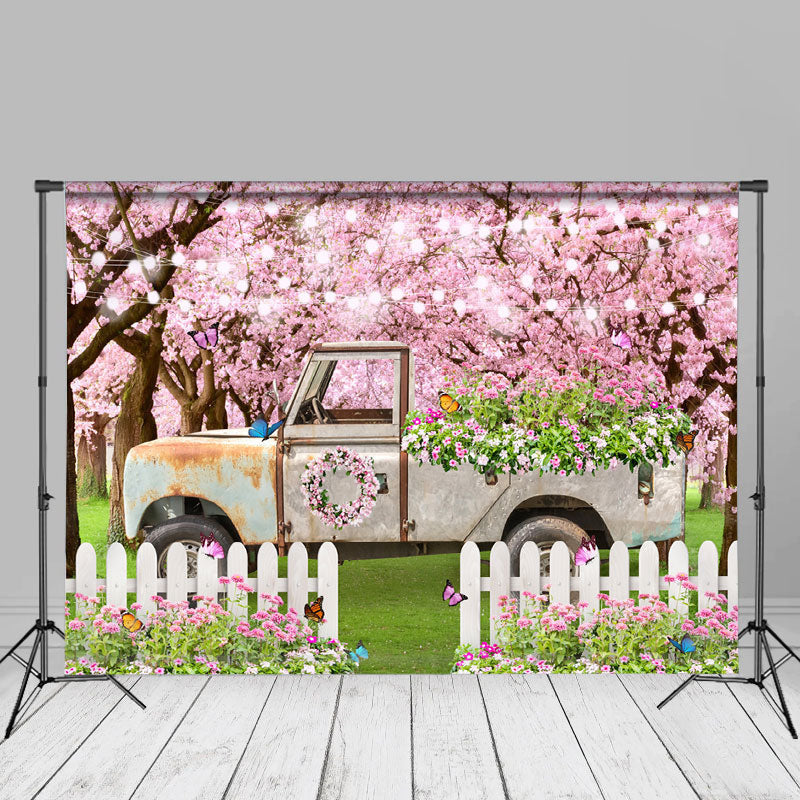 Aperturee - Light Pink Floral White Truck Fence Spring Backdrop