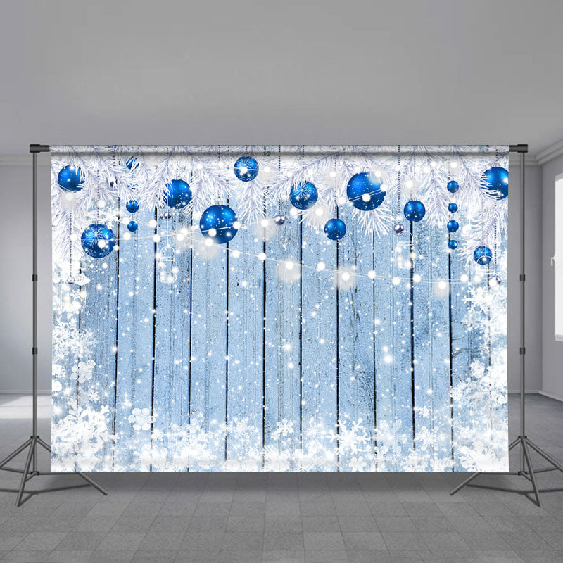 Aperturee - Navy Blue Christmas Balls Wooden Snow Backdrop