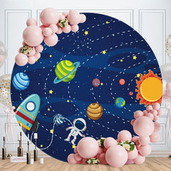 Aperturee - Navy Galaxy Astronaut Round Happy Birthday Backdrop