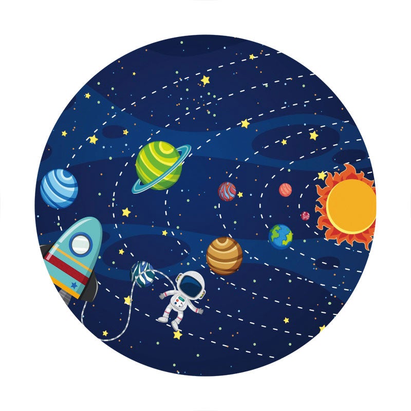 Aperturee - Navy Galaxy Astronaut Round Happy Birthday Backdrop