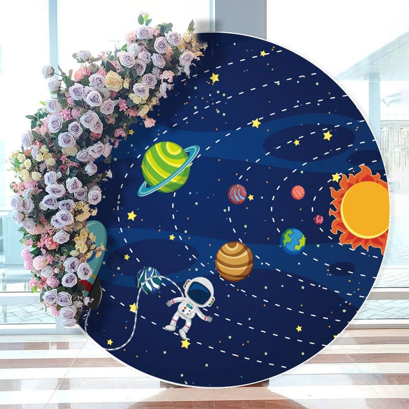 Aperturee - Navy Galaxy Astronaut Round Happy Birthday Backdrop