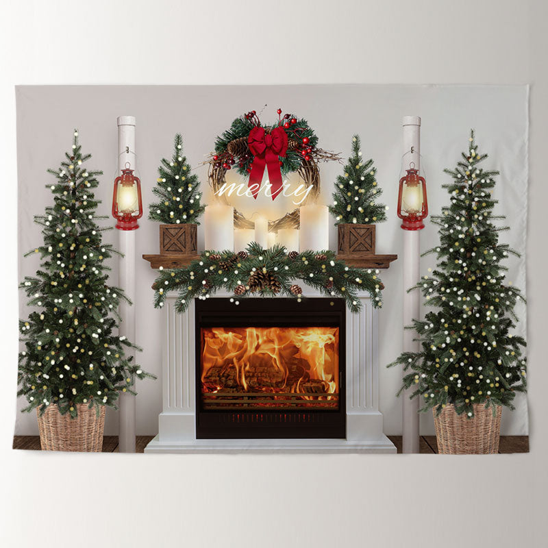 Aperturee - Pine Fireplace Warm Light Merry Christmas Backdrop