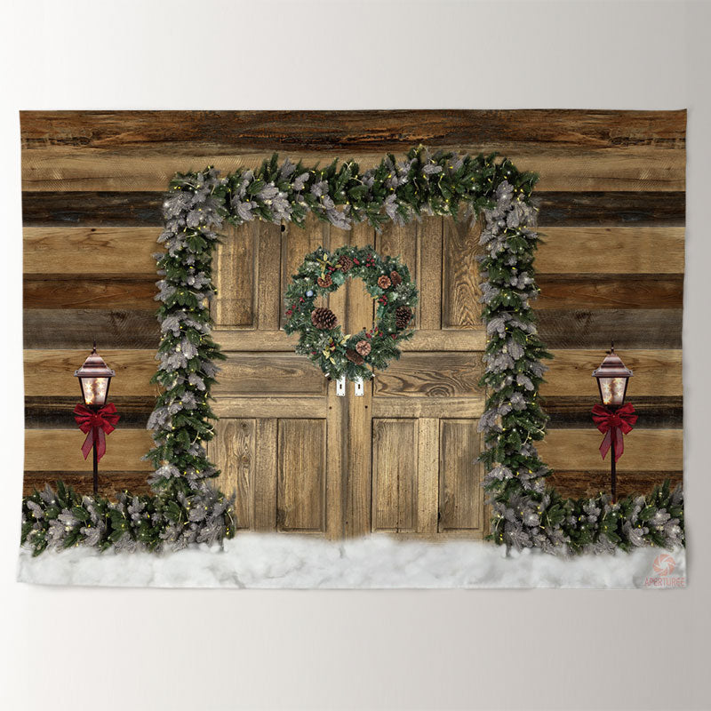 Aperturee - Pine Wreath Wooden Board Wall Christmas Backdrop