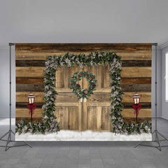 Aperturee - Pine Wreath Wooden Board Wall Christmas Backdrop