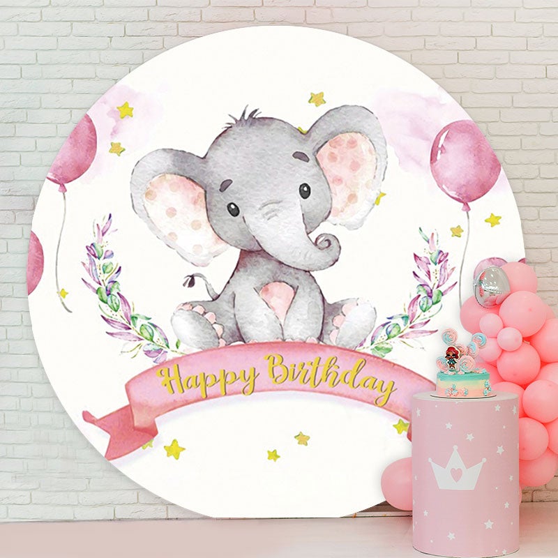 Aperturee - Pink Ballon Elephant Round Birthday Backdrop
