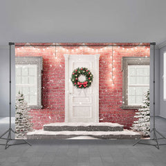 Aperturee - Pink Brick White Door Snowing Christmas Backdrop