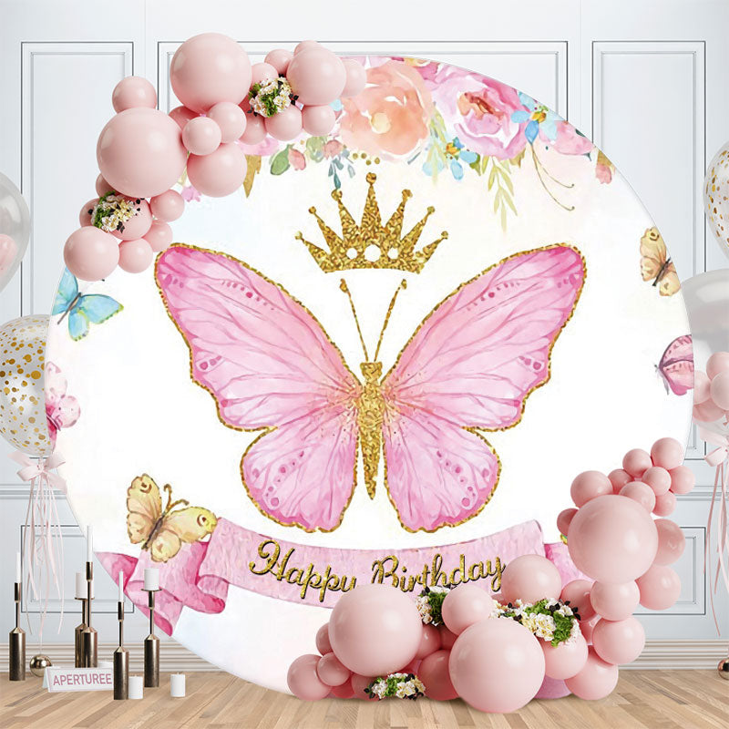 Aperturee - Pink Butterfly Crown Birthday Circle Backdrop