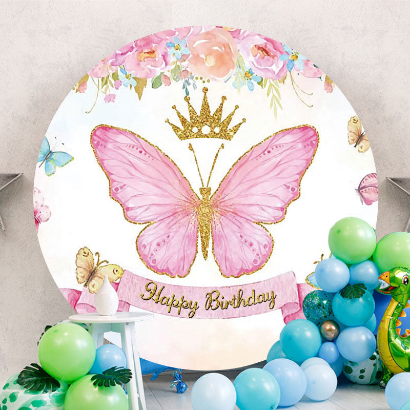 Aperturee - Pink Butterfly Crown Birthday Circle Backdrop
