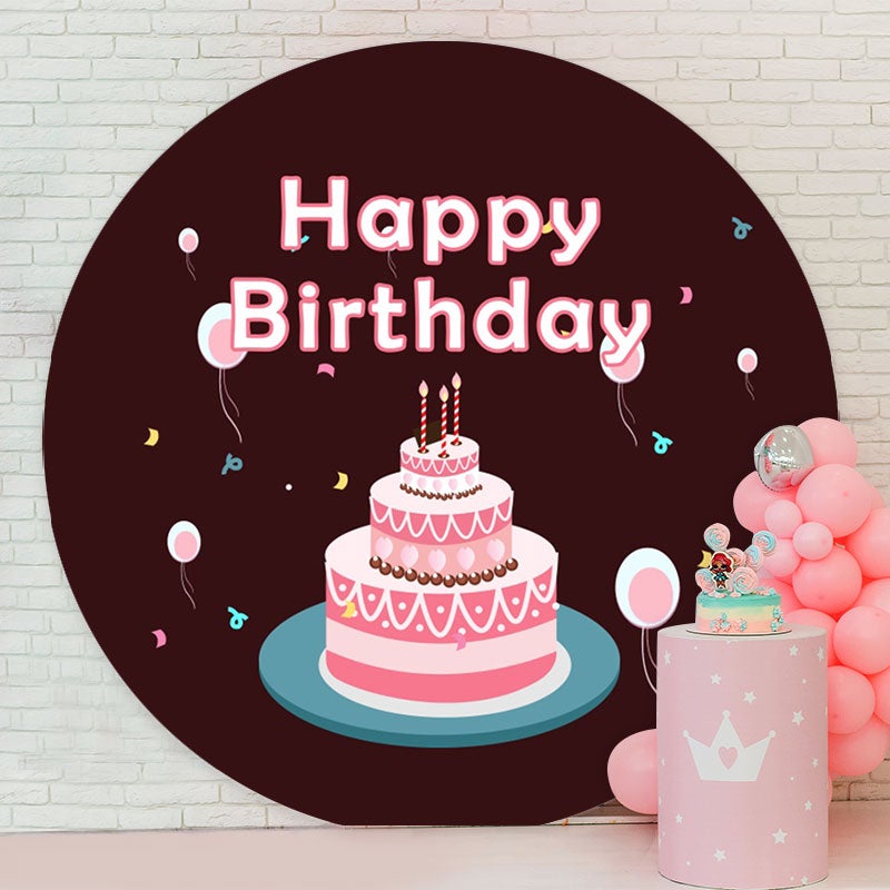 Aperturee - Pink Cake Round Black Happy Birthday Backdrop
