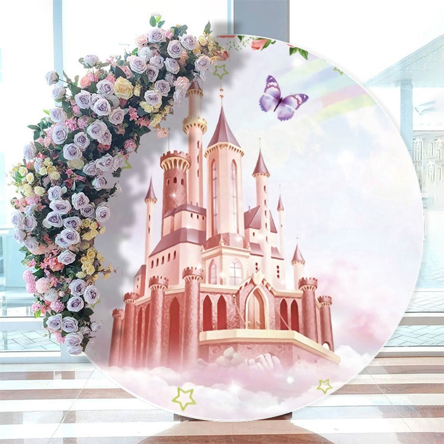 Aperturee - Pink Circel Castle Butterfly Floral Birthday Backdrop