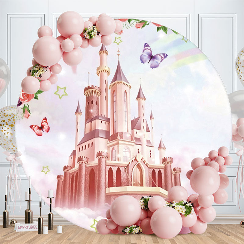 Aperturee - Pink Circel Castle Butterfly Floral Birthday Backdrop