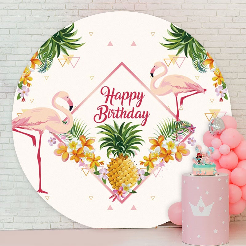 Aperturee - Pink Flamingo Round Happy Birthday Backdrops