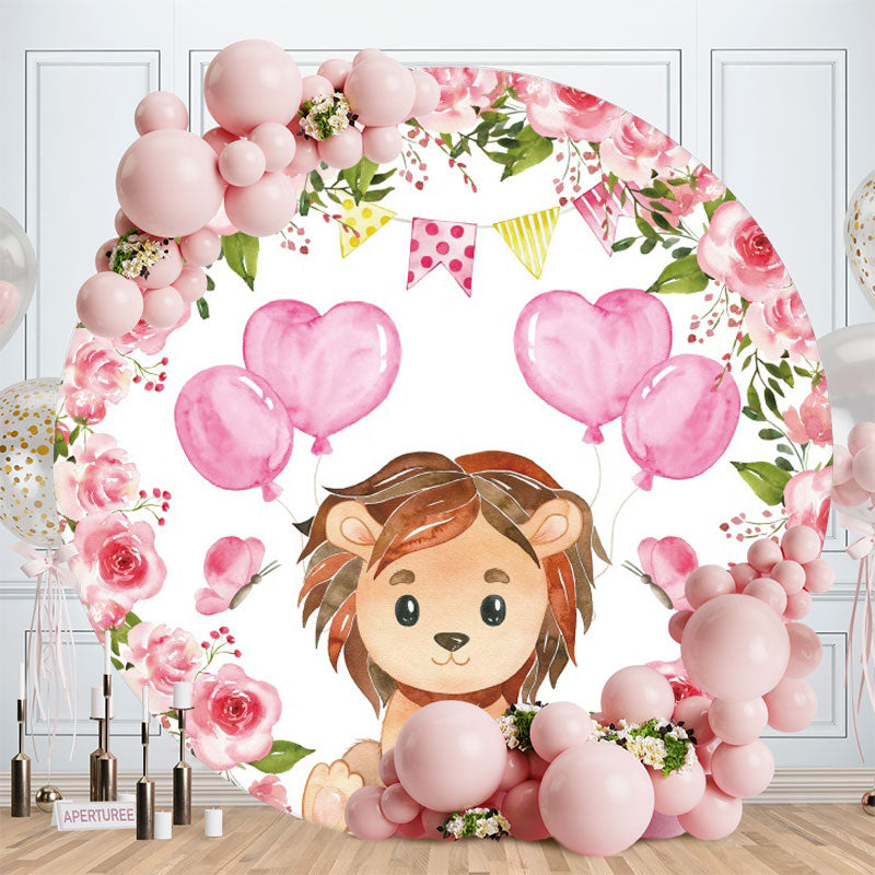 Aperturee - Pink Floral Ballons Round Lion Birthday Backdrop