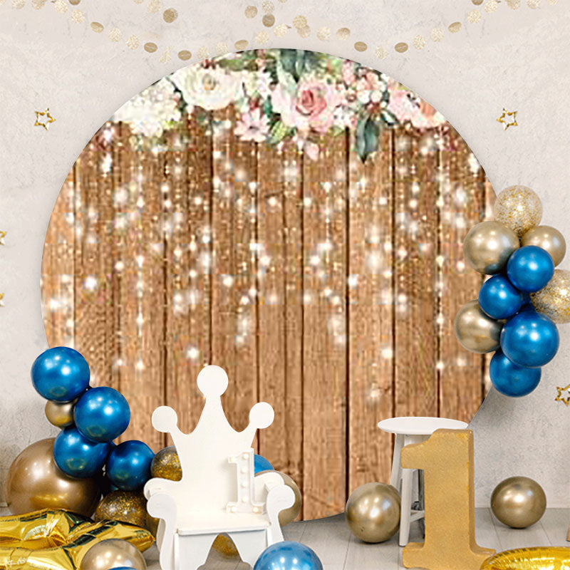 Aperturee - Pink Floral Bright Round Wood Birthday Backdrop