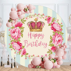 Aperturee - Pink Floral Crown Round Happy Birthday Backdrop