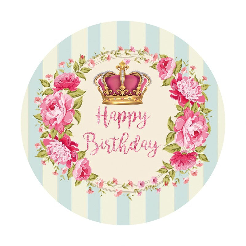 Aperturee - Pink Floral Crown Round Happy Birthday Backdrop