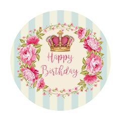Aperturee - Pink Floral Crown Round Happy Birthday Backdrop
