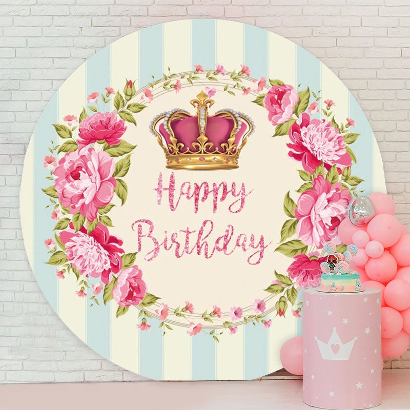 Aperturee - Pink Floral Crown Round Happy Birthday Backdrop