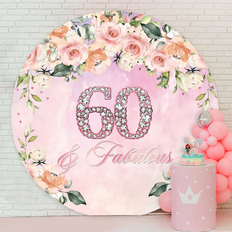 Aperturee - Pink Floral Diamond 60th Round Happy Birthday Backdrop