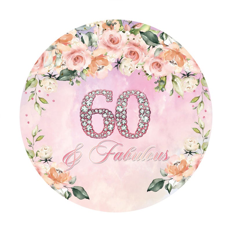 Aperturee - Pink Floral Diamond 60th Round Happy Birthday Backdrop