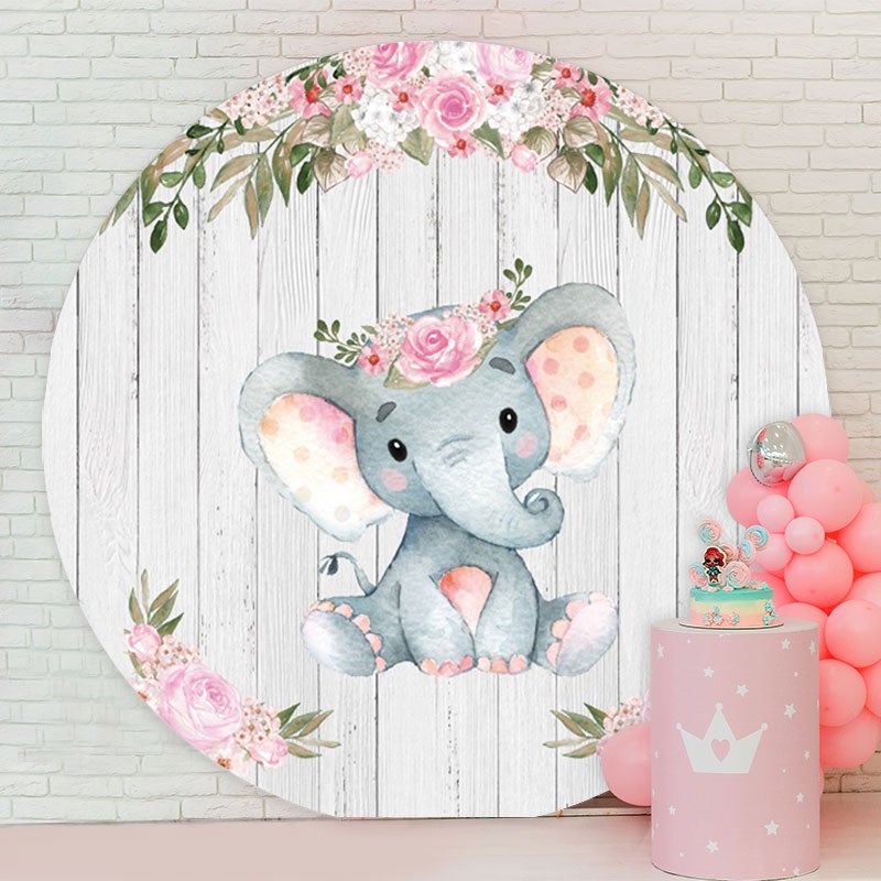 Aperturee - Pink Floral Elephant Round Baby Shower Backdrop