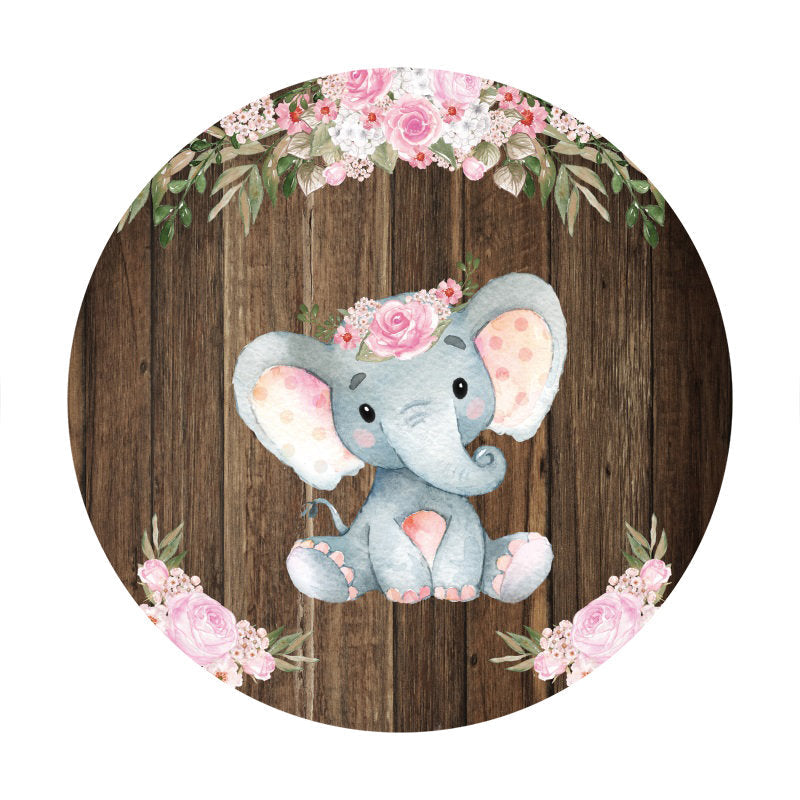 Aperturee - Pink Floral Elephants Round Baby Shower Backdrop