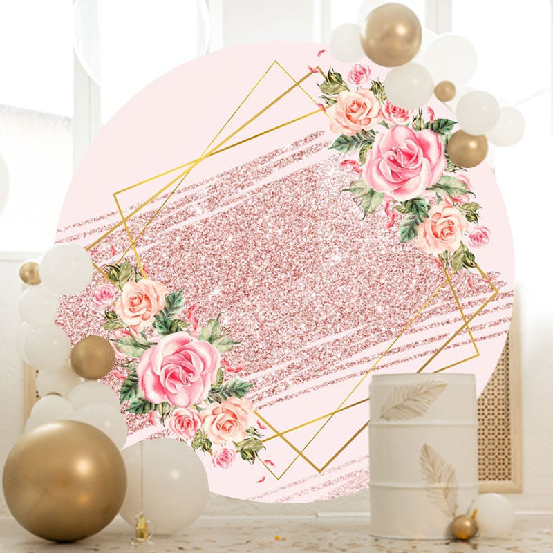 Aperturee - Pink Floral Glitter Round Birthday Party Backdrops