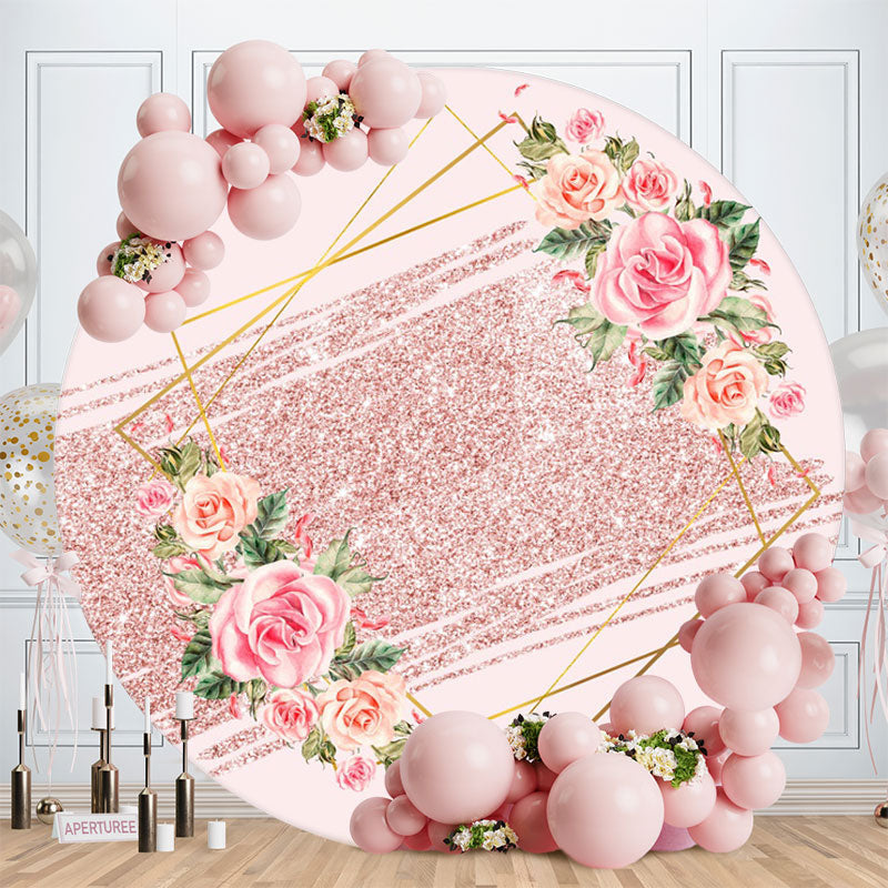 Aperturee - Pink Floral Glitter Round Birthday Party Backdrops