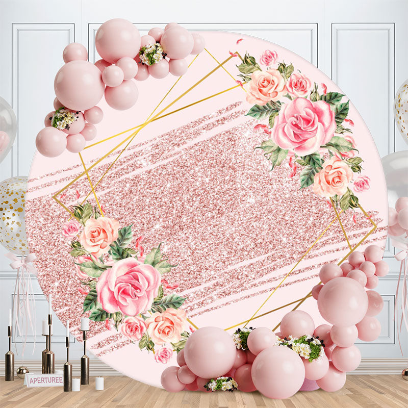 Aperturee - Pink Floral Glitter Round Birthday Party Backdrops