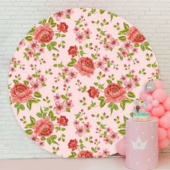 Aperturee - Pink Floral Round Girls Baby Shower Backdrop