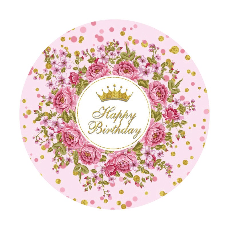 Aperturee - Pink Floral Round Gold Glitter Birthday Backdrop