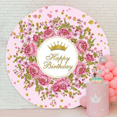 Aperturee - Pink Floral Round Gold Glitter Birthday Backdrop
