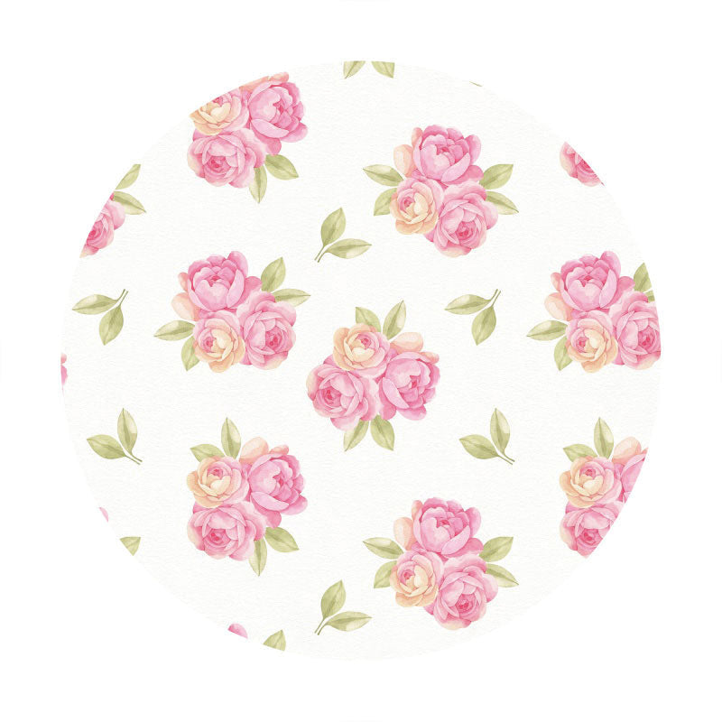 Aperturee - Pink Floral Round Green Leaves Birthday Bacdkrop