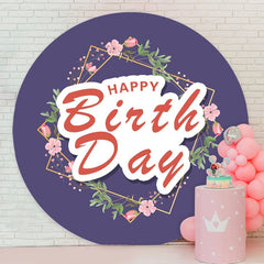 Aperturee - Pink Floral Round Purple Happy Birthday Backdrop