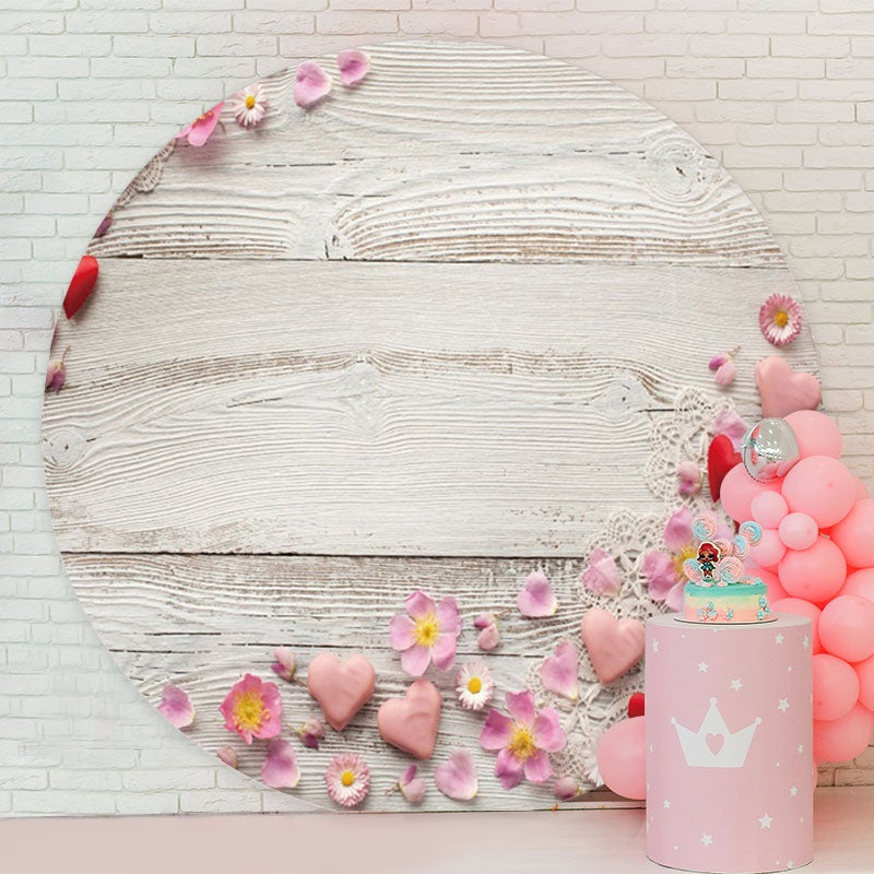 Aperturee - Pink Floral Round White Wood Birthday Backdrop