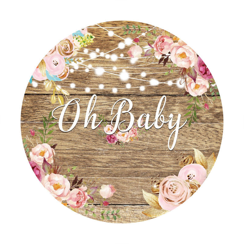 Aperturee - Pink Floral Round Wooden Baby Shower Backdrop