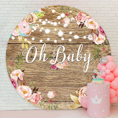 Aperturee - Pink Floral Round Wooden Baby Shower Backdrop