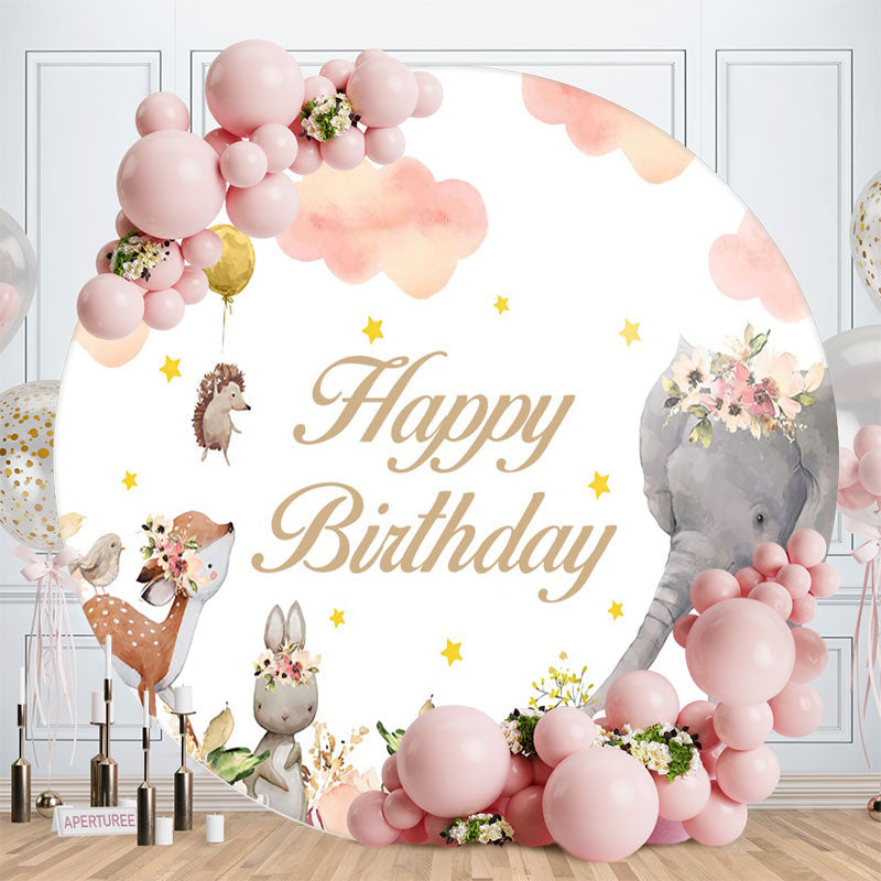 Aperturee - Pink Floral Safari Cloud Circle Happy Birthday Backdrop