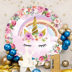 Aperturee - Pink Floral Unicorn Round Birthday Backdrops