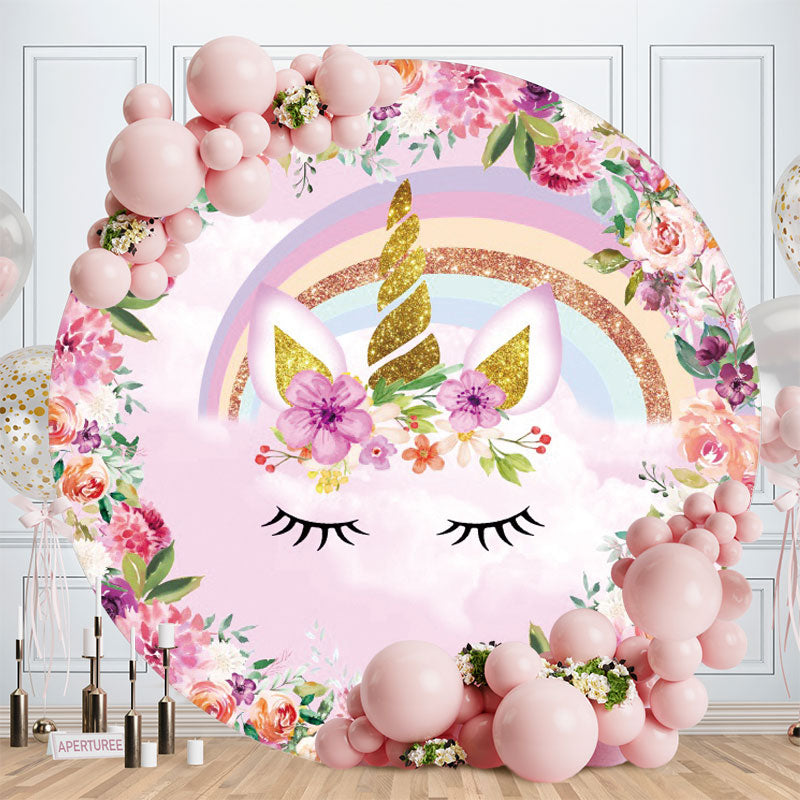 Aperturee - Pink Floral Unicorn Round Birthday Backdrops