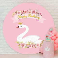 Aperturee - Pink Floral White Swan Round Birthday Backdrop