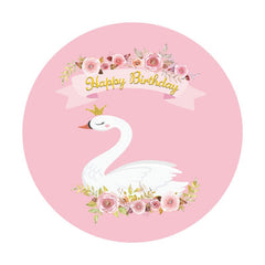 Aperturee - Pink Floral White Swan Round Birthday Backdrop