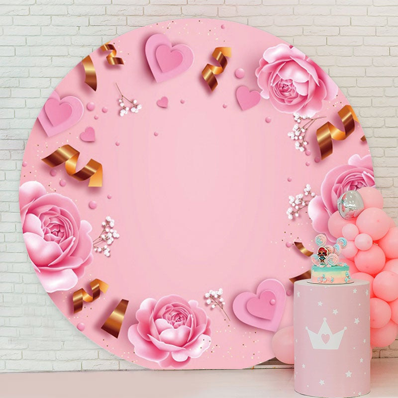 Aperturee - Pink Flower Theme Round Happy Birthday Backdrop