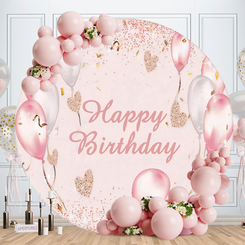 Aperturee - Pink Glitter Balloons Circle Happy Birthday Backdrop