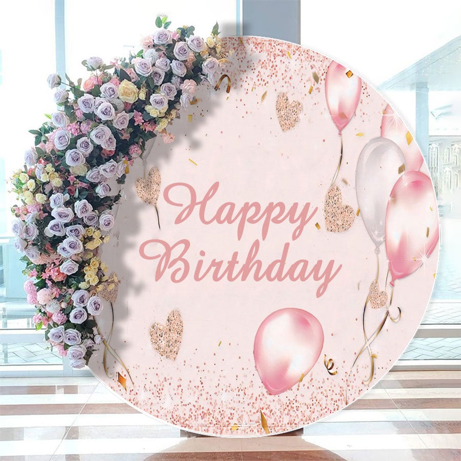 Aperturee - Pink Glitter Balloons Circle Happy Birthday Backdrop