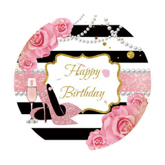 Aperturee - Pink Glitter Floral Heels Round Birthday Backdrop