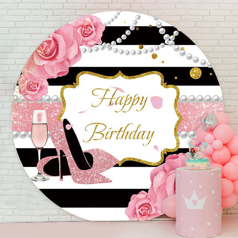 Aperturee - Pink Glitter Floral Heels Round Birthday Backdrop