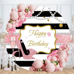 Aperturee - Pink Glitter Floral Heels Round Birthday Backdrop