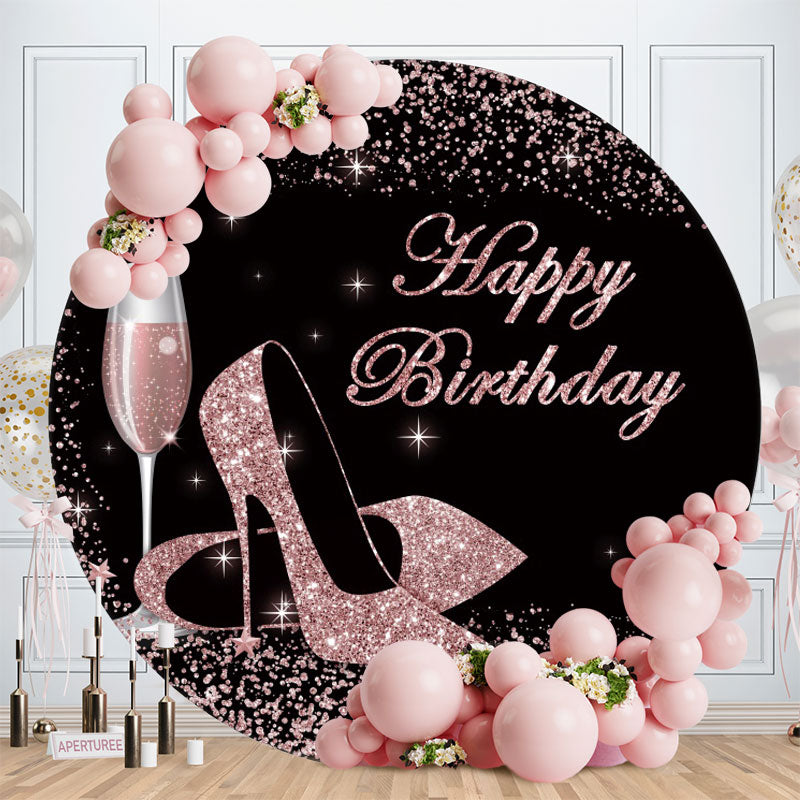 Aperturee - Pink Glitter Heels Round Black Birthday Backdrop